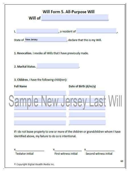 New Jersey Last Will and Testament Sample