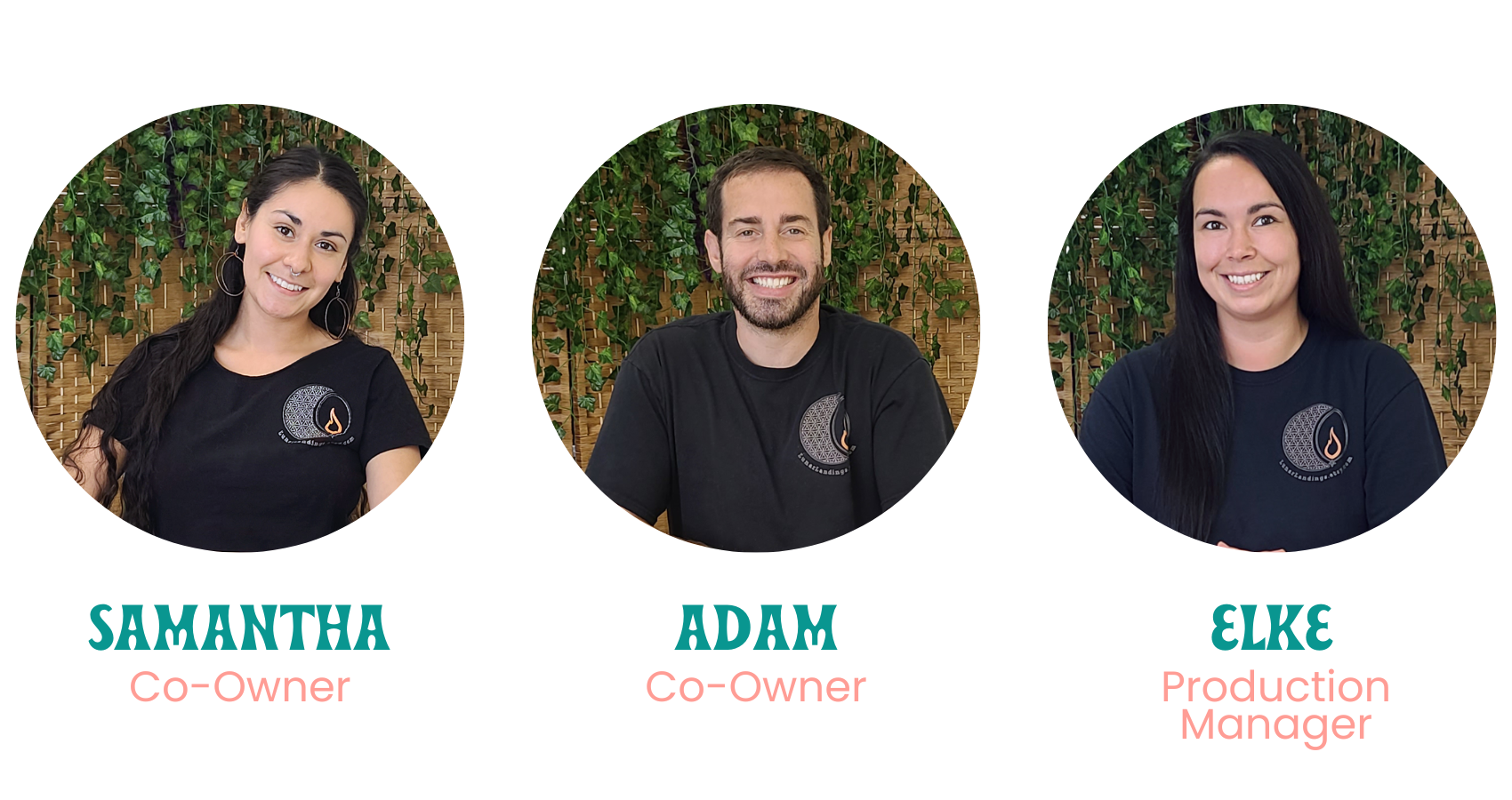 headshots for Samantha (co-owner) Adam (co-owner) and Elke (production manager) for their team at Lunar Landings, sassy handcrafted candle company