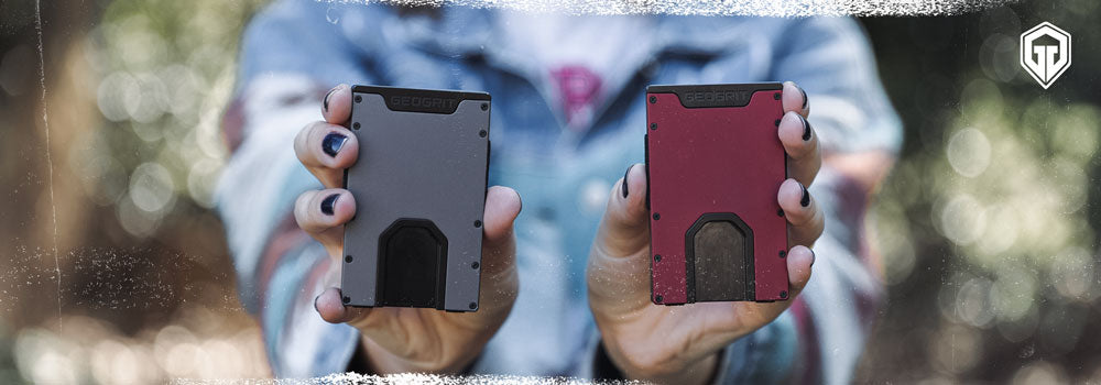 Geogrit Wallet both been shown in Brick Red and Steel Gray - Colorful Minimalist Wallets