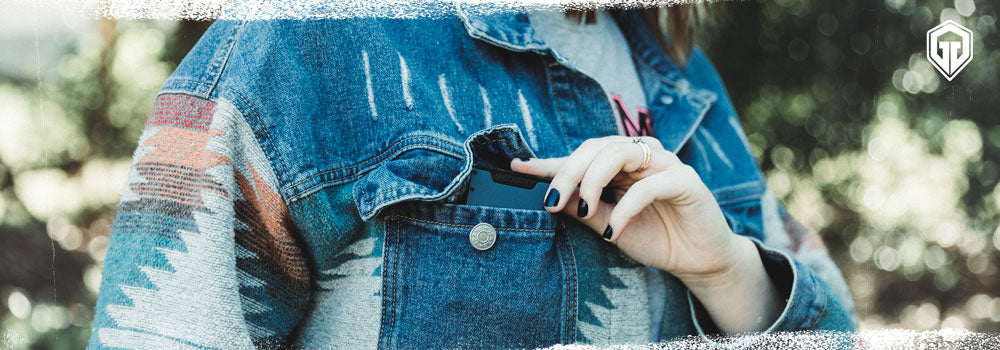 Placing your Geogrit Wallet on the front pocket of your denim jacket - Make sure you have your wallet at all times