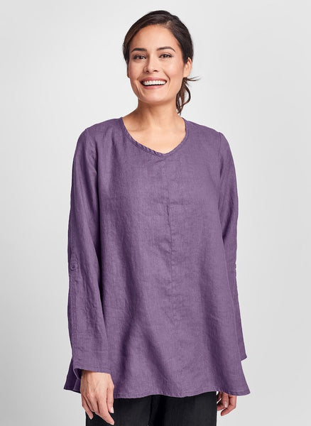 Flourish Pullover (shown in Plum), a flattering long sleeved top with button tabs, a soft v-neckline, and seam detail. 100% Linen, by FLAX, Collection: Classics Two 2020