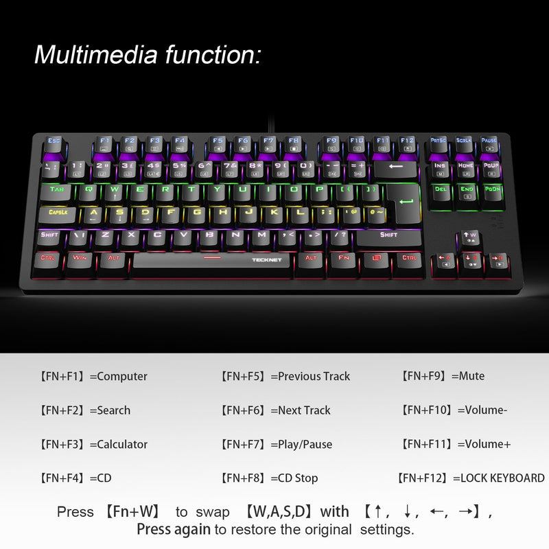 TECKNET Mechanical Gaming Keyboard 88 Keys Full Anti-ghosting Mechanical Keyboard,Customizable LED Backlit - TECKNET