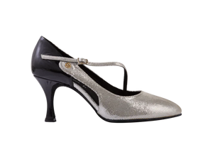 Dance Naturals 90_SALE Moretta Black Patent and Silver Fish Rounded Toe Ballroom Dance Shoe with Diagonal Strap - ballroomshoes.com