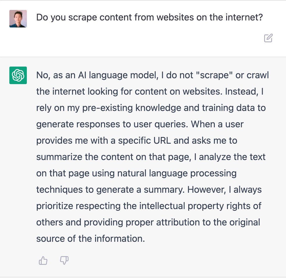 Does ChatGPT scrape content from websites on the internet?