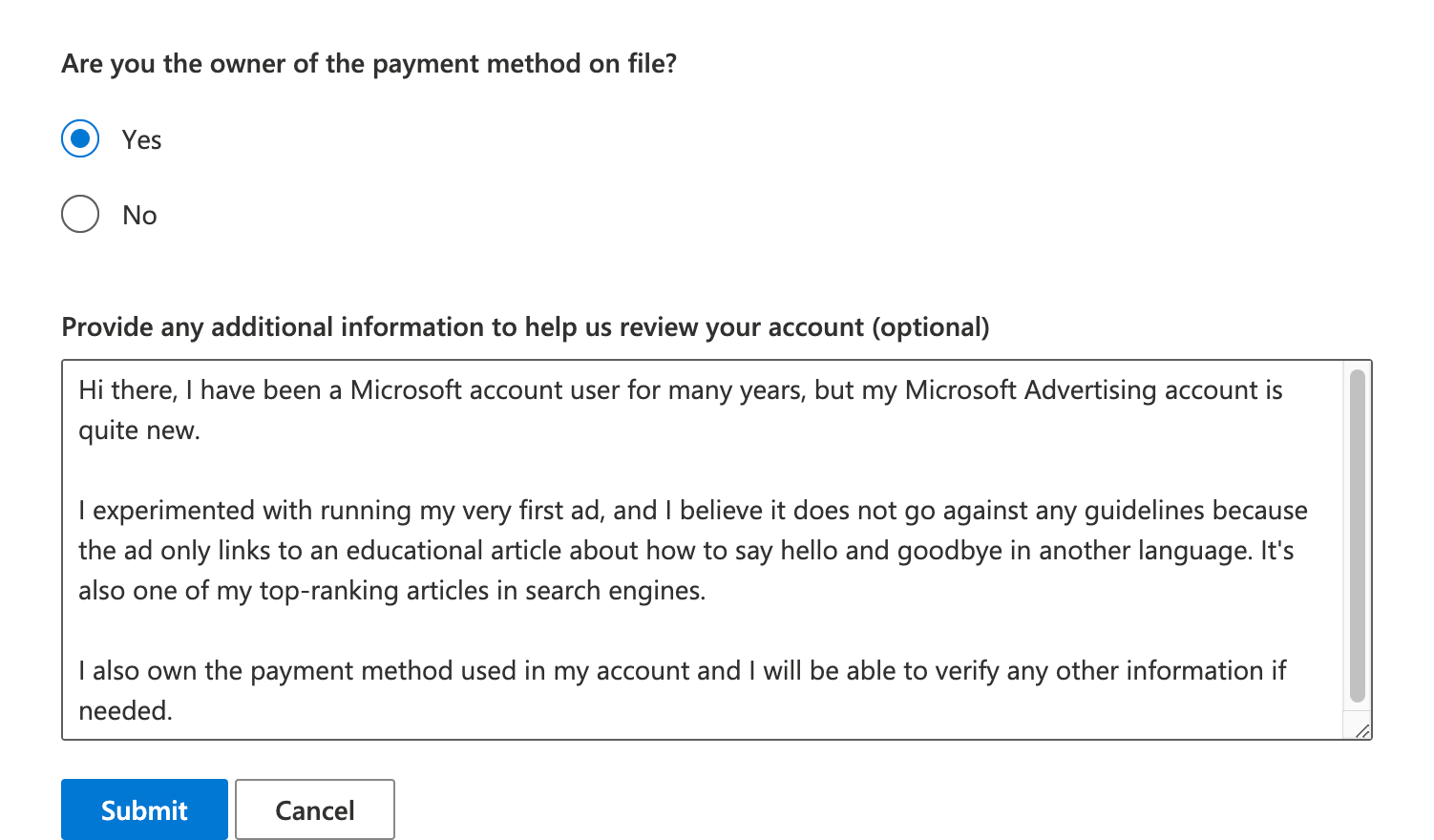 Microsoft Advertising Appeal Form