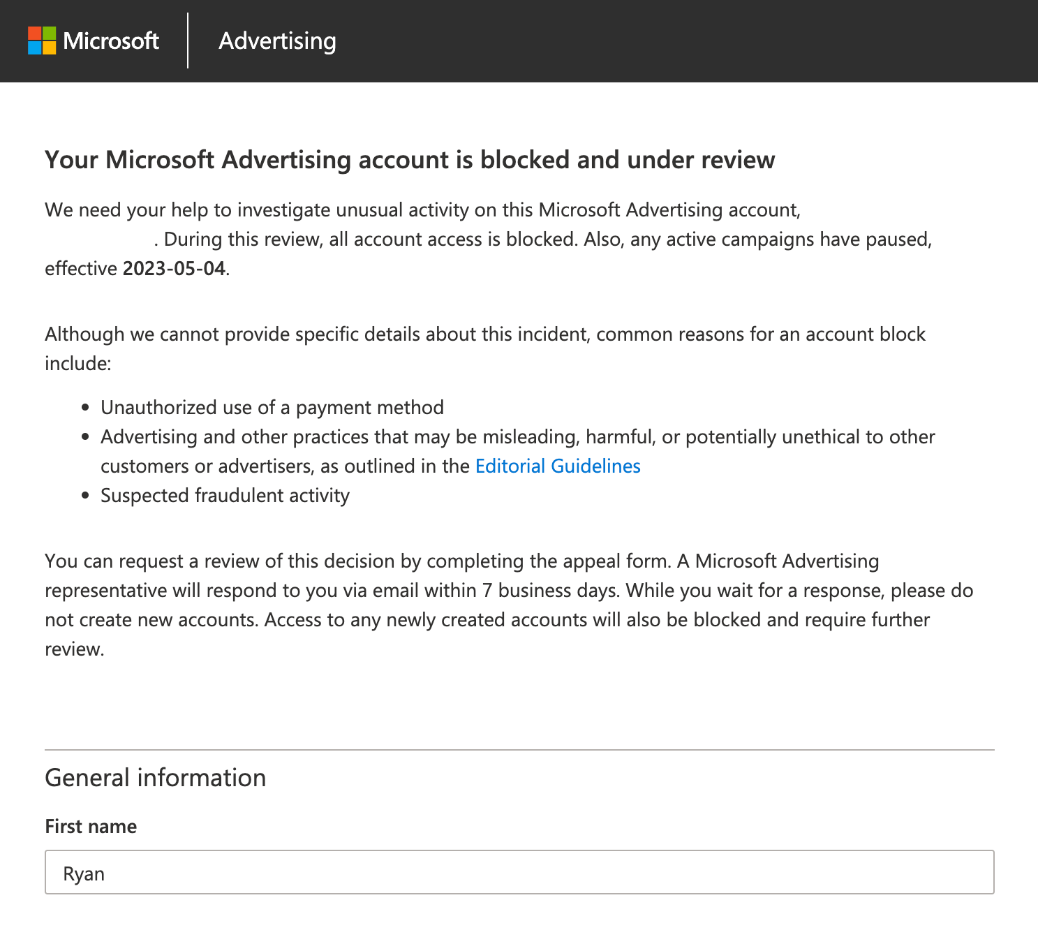 Your Microsoft Advertising account is blocked and under review