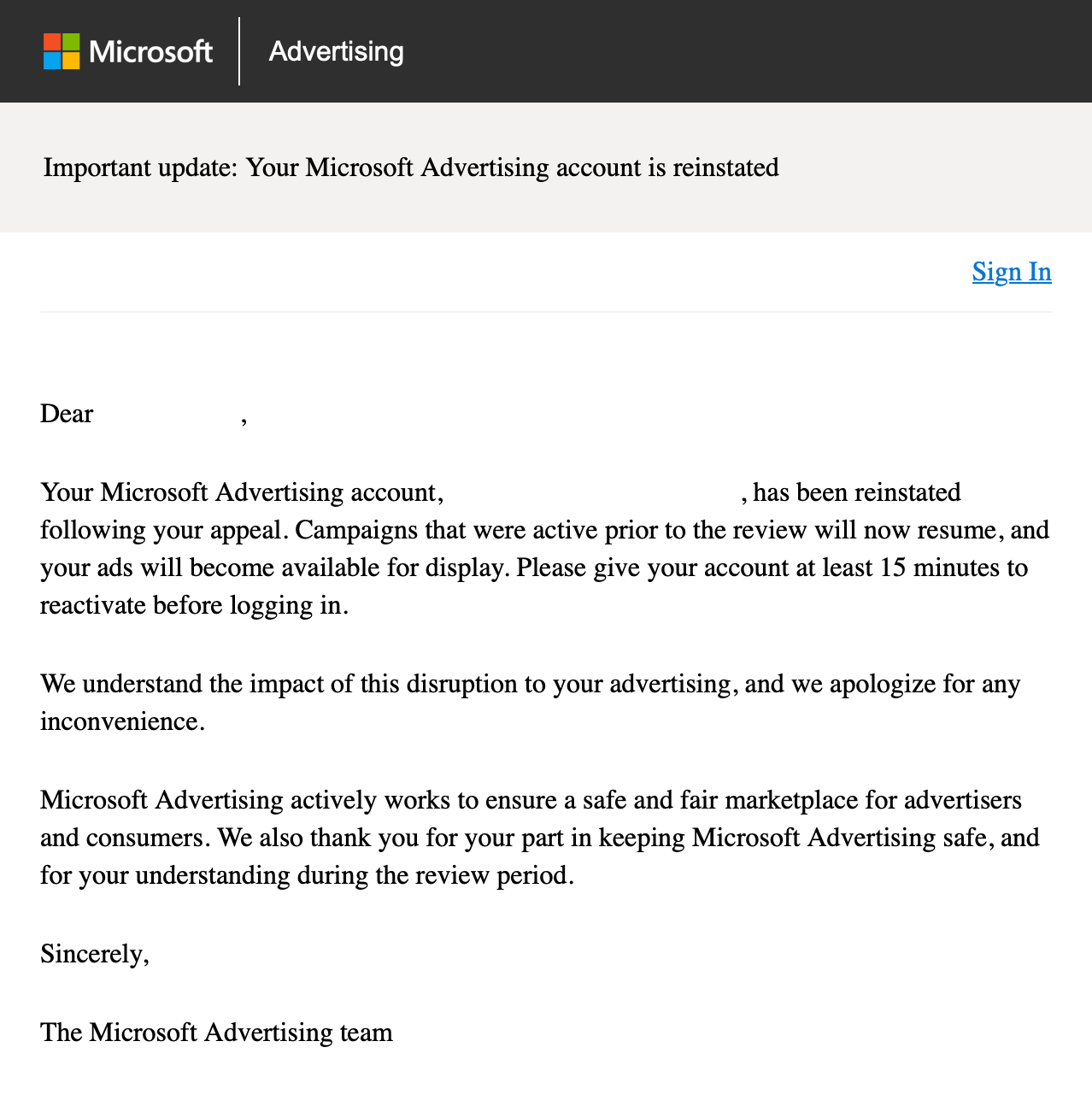 Your Microsoft Advertising account is reinstated