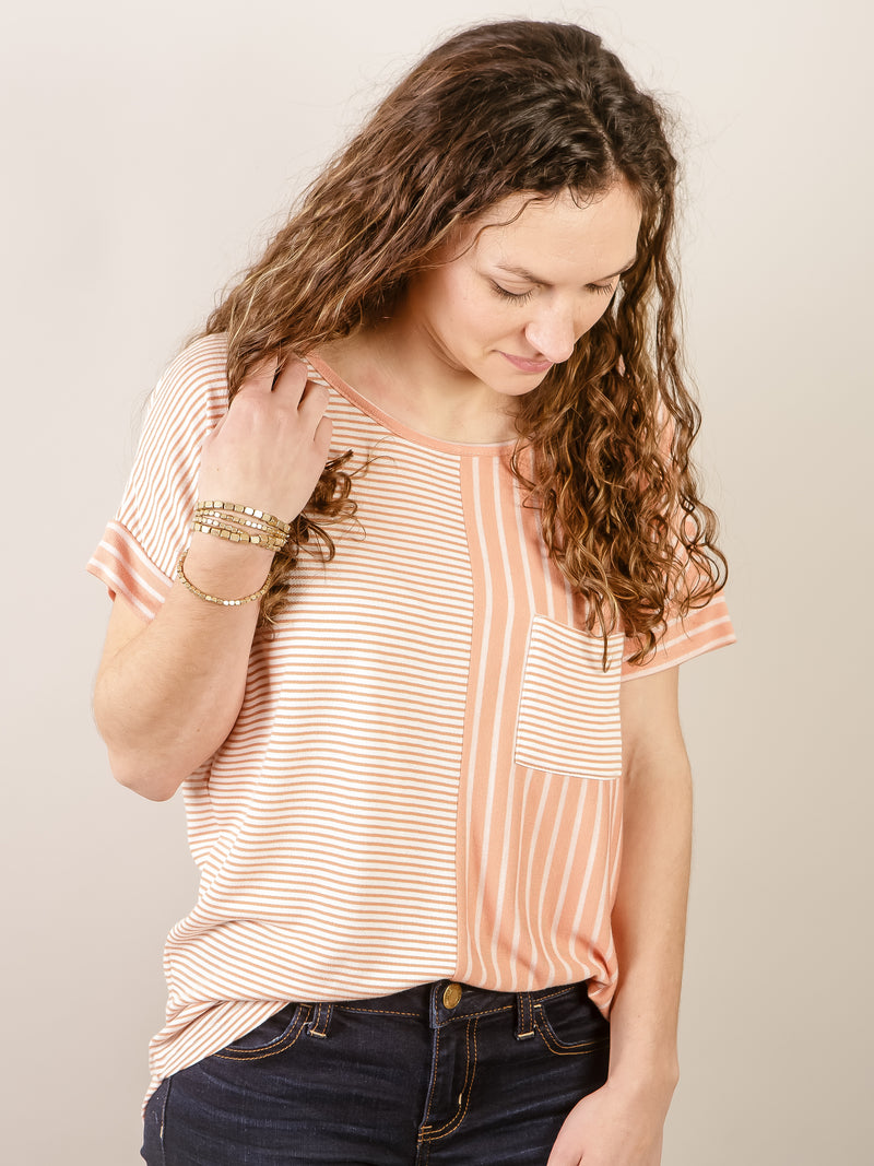 Coral and White Striped Pocket Tee
