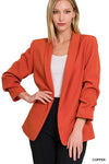 Woven 3/4 Ruched Sleeve Classic Blazer (Online Exclusive)