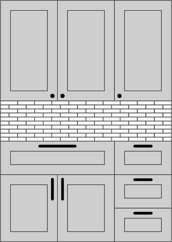 Kitchen diagram showing cabinet knobs on upper cabinets and handles on lower cabinets.