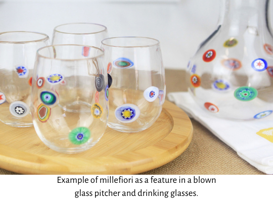Example of a product made with millefiori design on blown-glass drinking glasses
