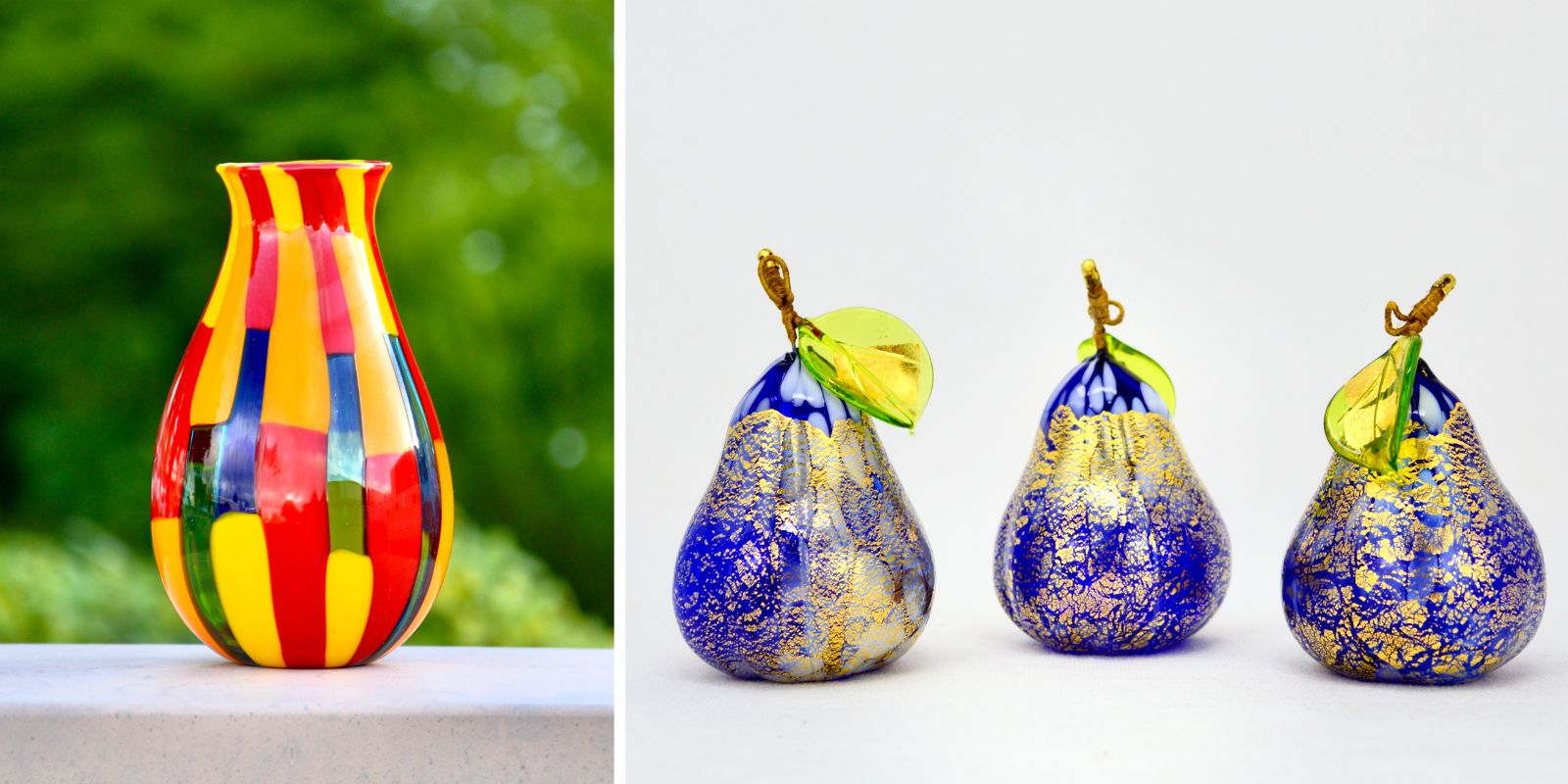 Murano Glass Vase and three glass pears in blue, all made in Italy by hand.