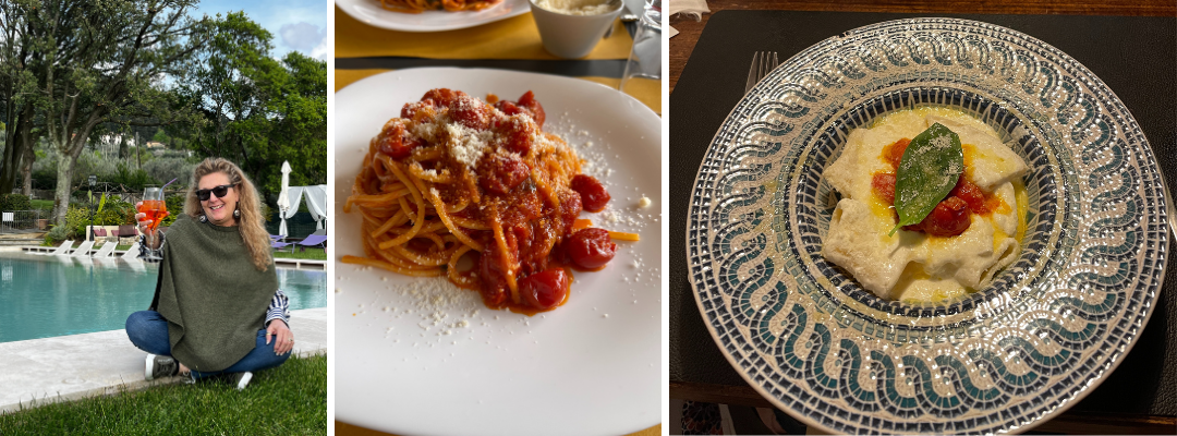 three images; elisabetta in italy with a spritz, spaghetti with tomatoes, and pasta on plate