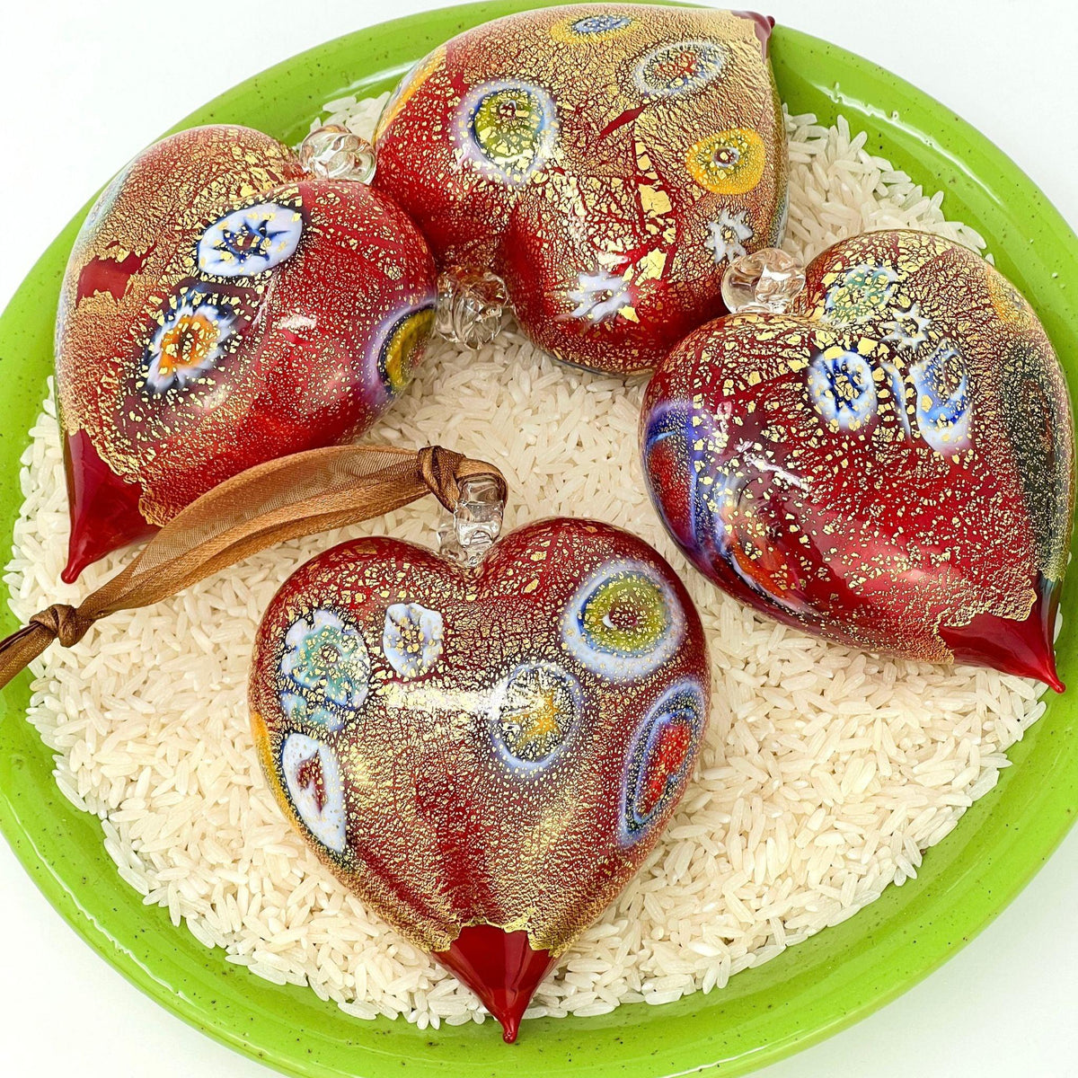 Millefiori Murano Glass Blown Heart Hanging Ornament, Large, Red, 24 karat gold foil finish at MyItalianDecor