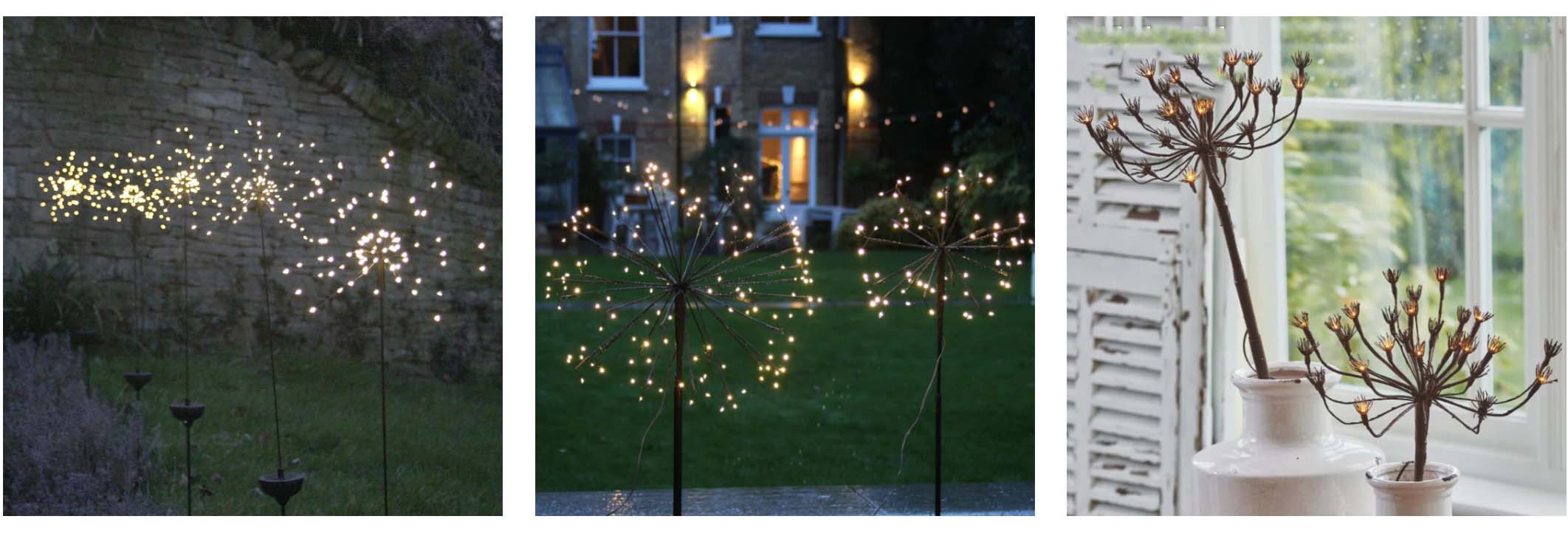 Solar stake lights for the garden in various designs including fennel and dandelion styles