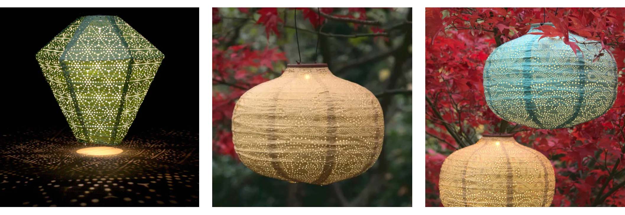 Row of solar lanterns hung in trees