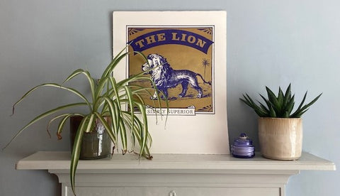 shelf in university room with a lion print and plants on