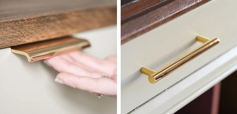 Brass edge and rod pulls on stone coloured cabinets