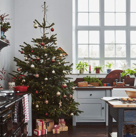 Christmas tree in farmhouse kitchen