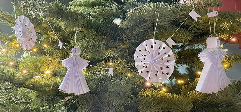 Homemade paper decirations on Christmas tree