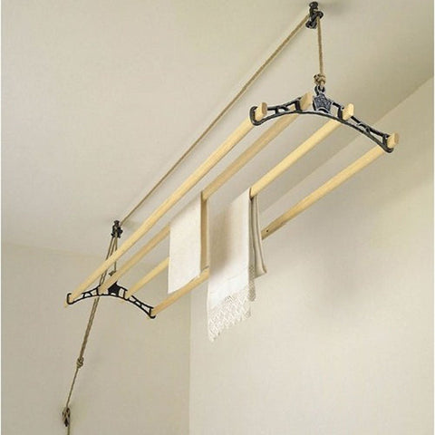 Traditional wooden and iron sheila maid clothes airer hung from ceiling
