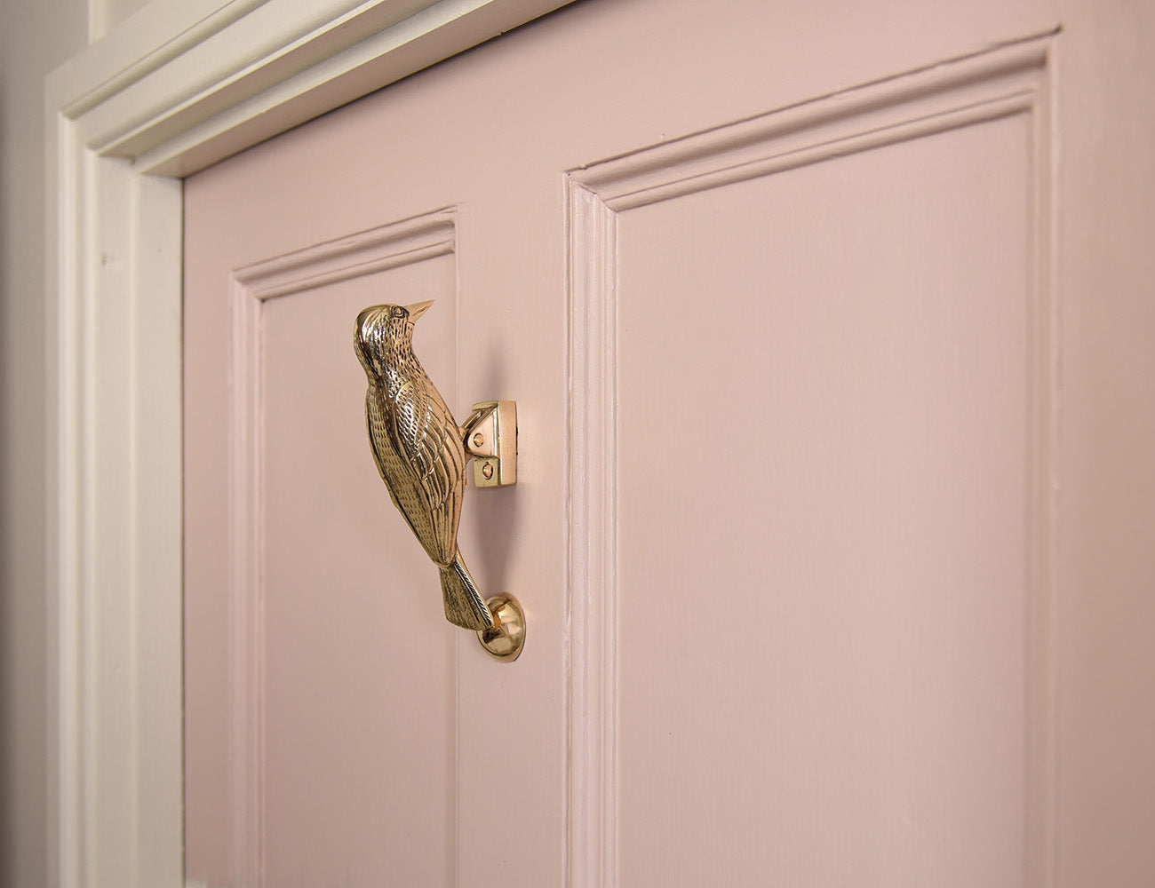 Wood pecker door knocker on pink door