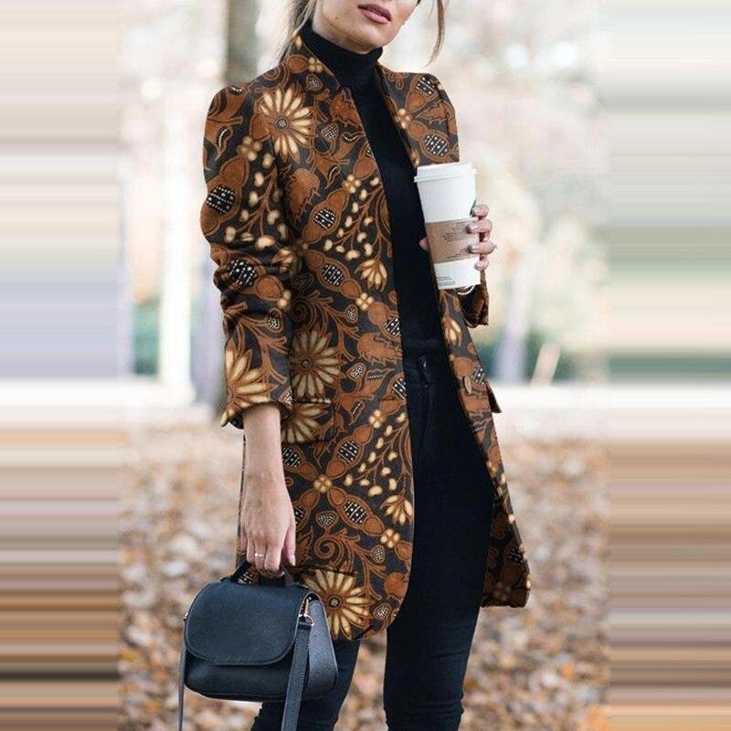 Autumn Winter New Fashion Women Stand Collar Print Jackets Casual Long Sleeves Elegant Office Lady Cardigan Slim Buttons Jackets 1020
