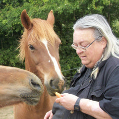 photograph of Disabled artist, Ceridwen feeding her horses. She is looking down, concentrating on the horses.