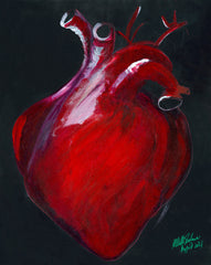 Did you clap for the NHS by Michelle Bahrarier. Anatomical heart painted in dark red and black. Very moody piece.