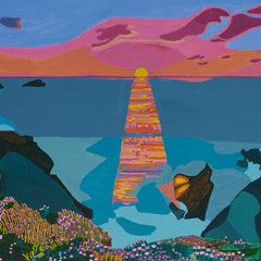sunset and flowers painting of cornall, sun setting. Colours are bright pinks, vibrant blues, gentle yellows. sun on the water is a shimmering rainbow of colour.