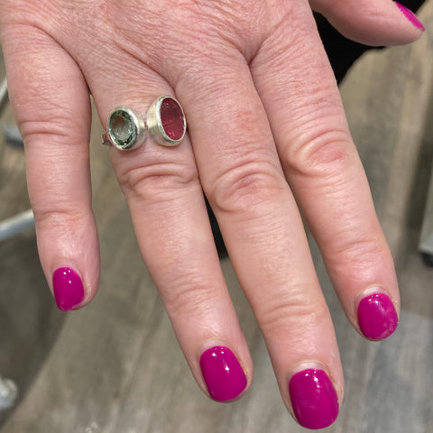 Bespoke Pink Tourmaline & Light Green Tourmaline Ring on clients hand