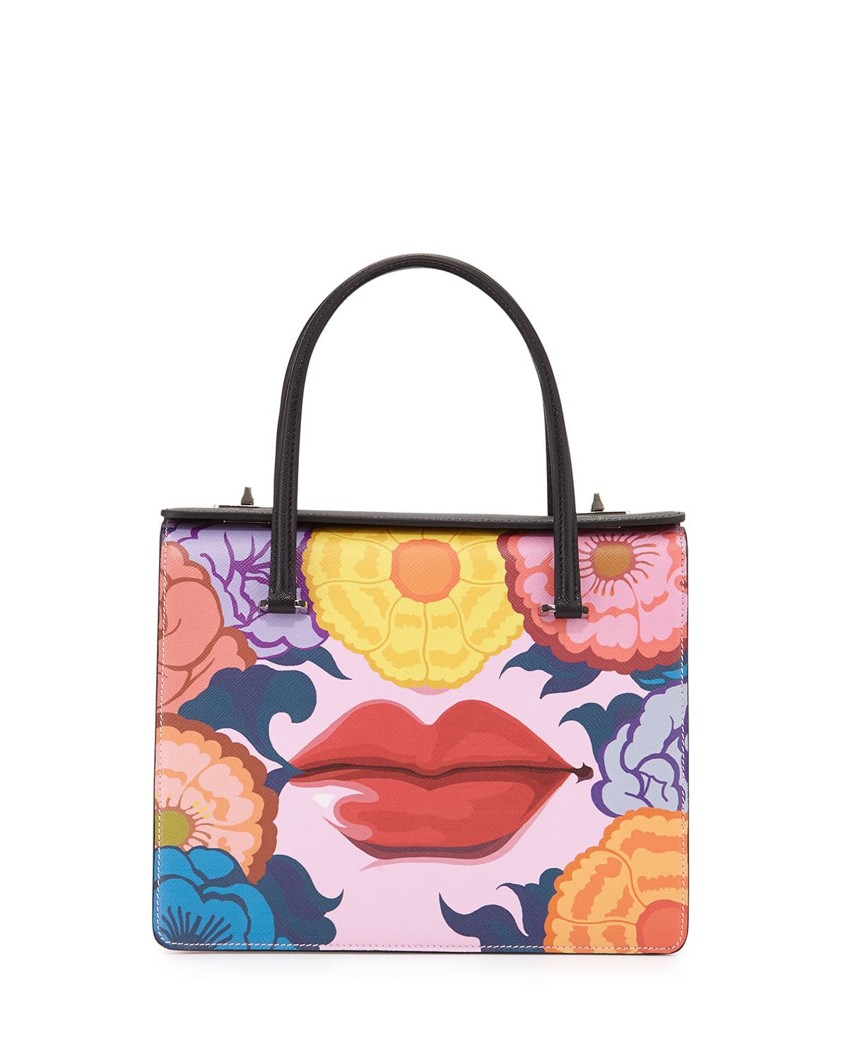 PRADA Saffiano RUNWAY Print Lips Satchel HandBag, Multi (Rosso Dis Lips)  PRISTINE!