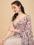 Beige & Maroon Floral Printed Ruffled Net Saree - Inddus.com