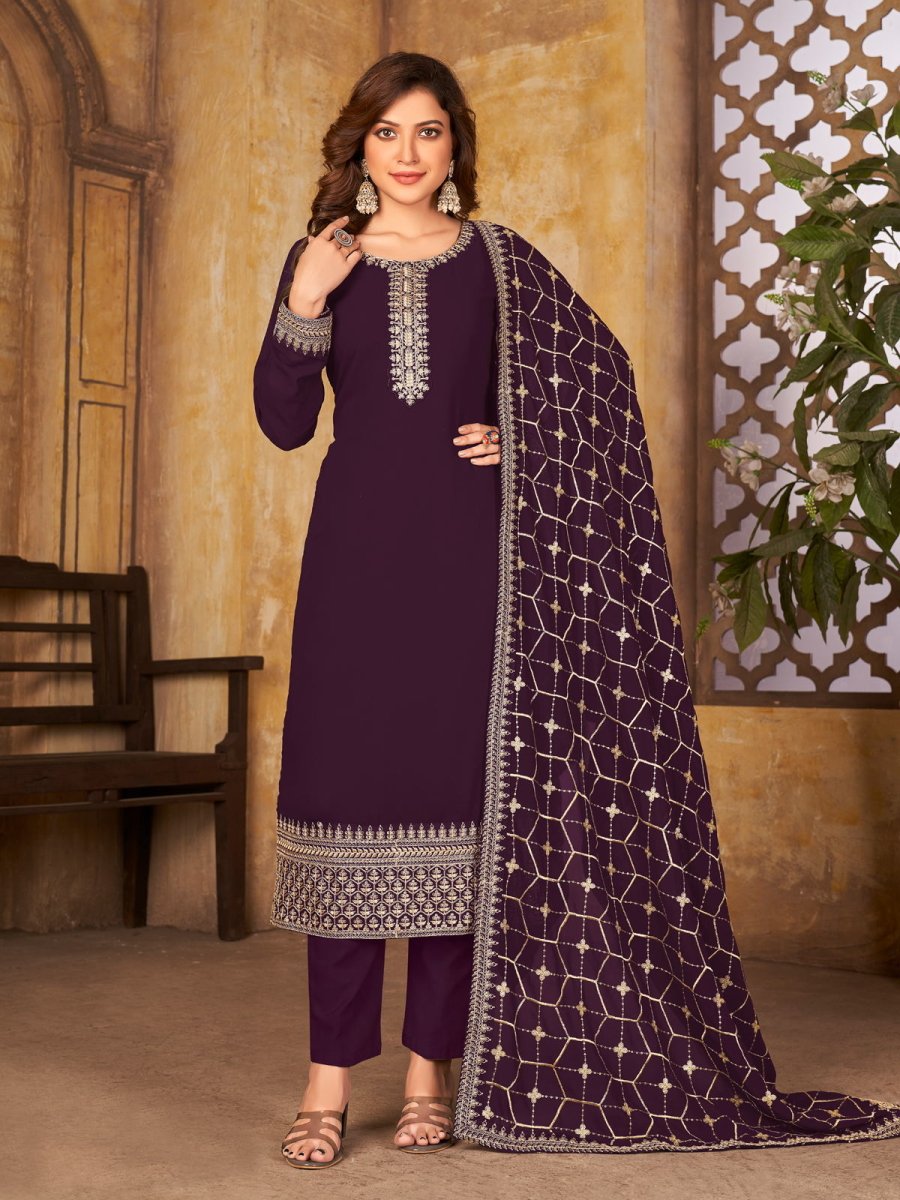 Buy Classy Purple Georgette Wedding Pant Style Suit | Inddus.com