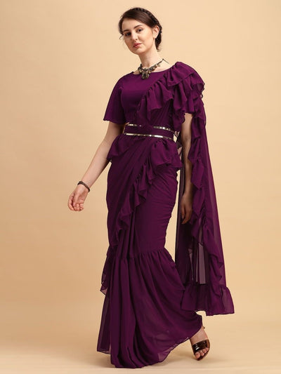 Wine Solid Ruffled Saree with Belt - inddus-us
