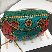 Load image into Gallery viewer, Turquoise and Pink Metal Bag With Golden Chain
