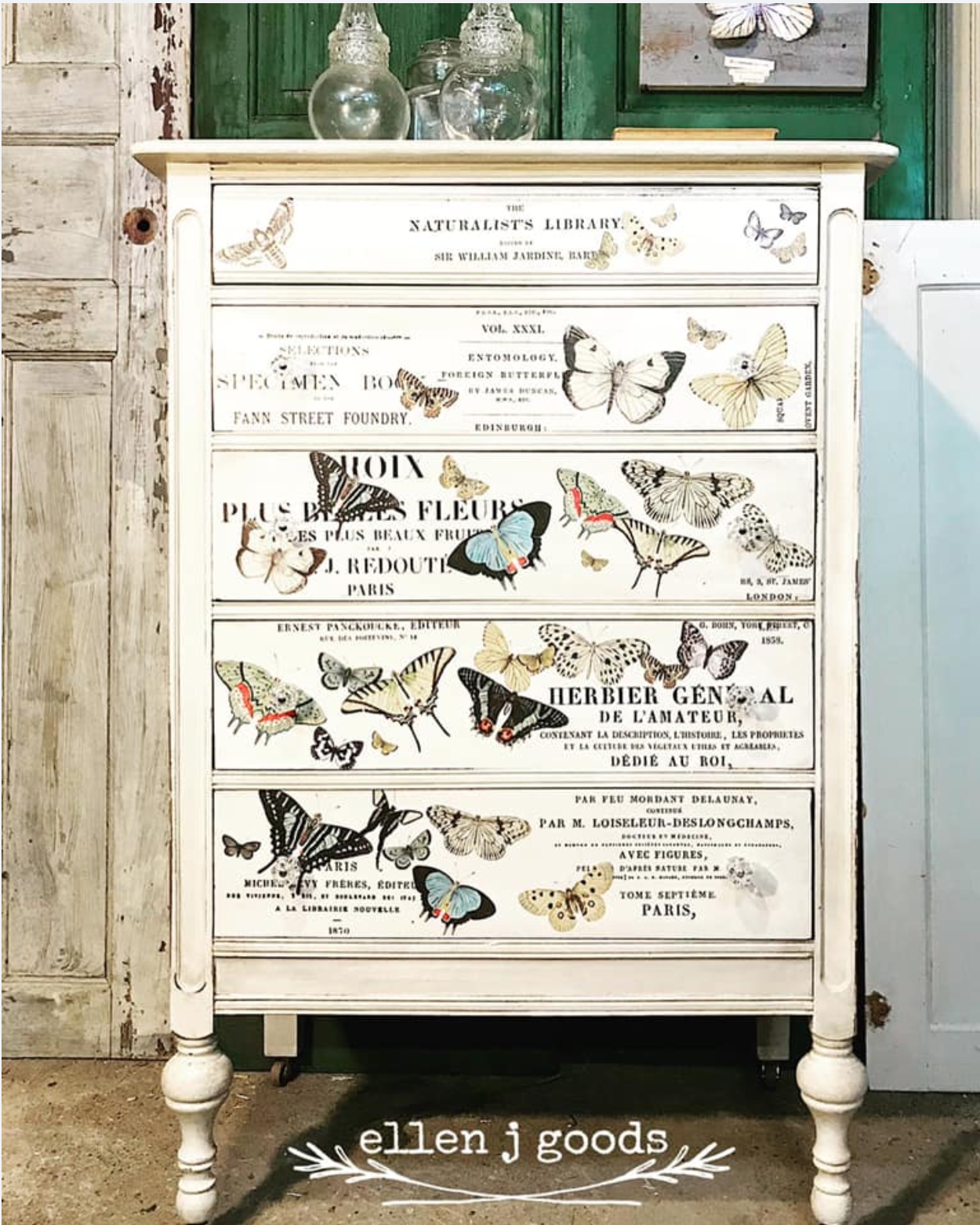 Label Ephemera IOD transfer on a white chalk paint dresser