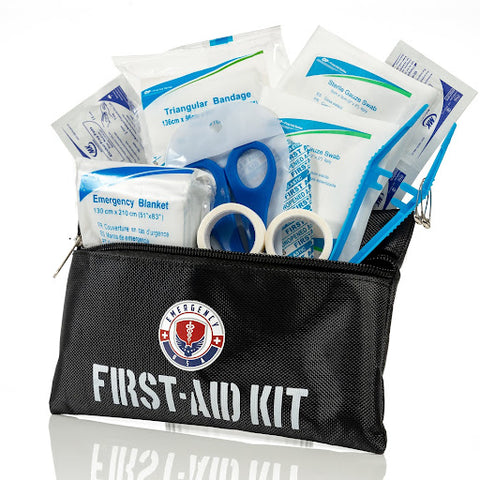 An Emergency USA first aid kit with items showing