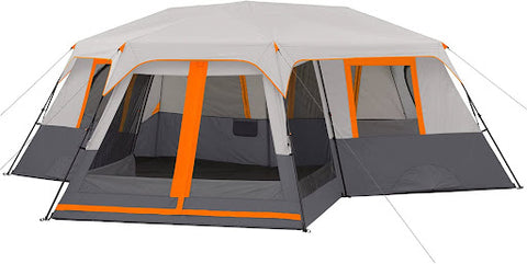 An orange and grey tent with multiple rooms of the main tent