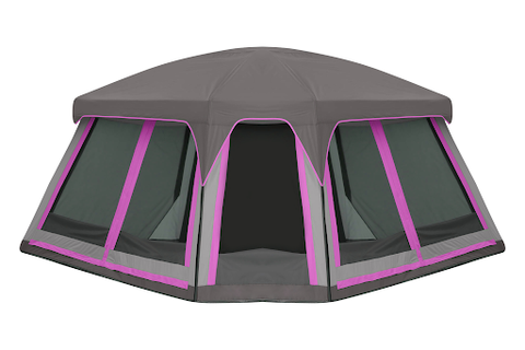 A pink and grey cabin tent that has interior partitions