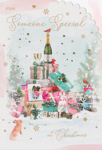 Someone Special Christmas card - gifts and champagne