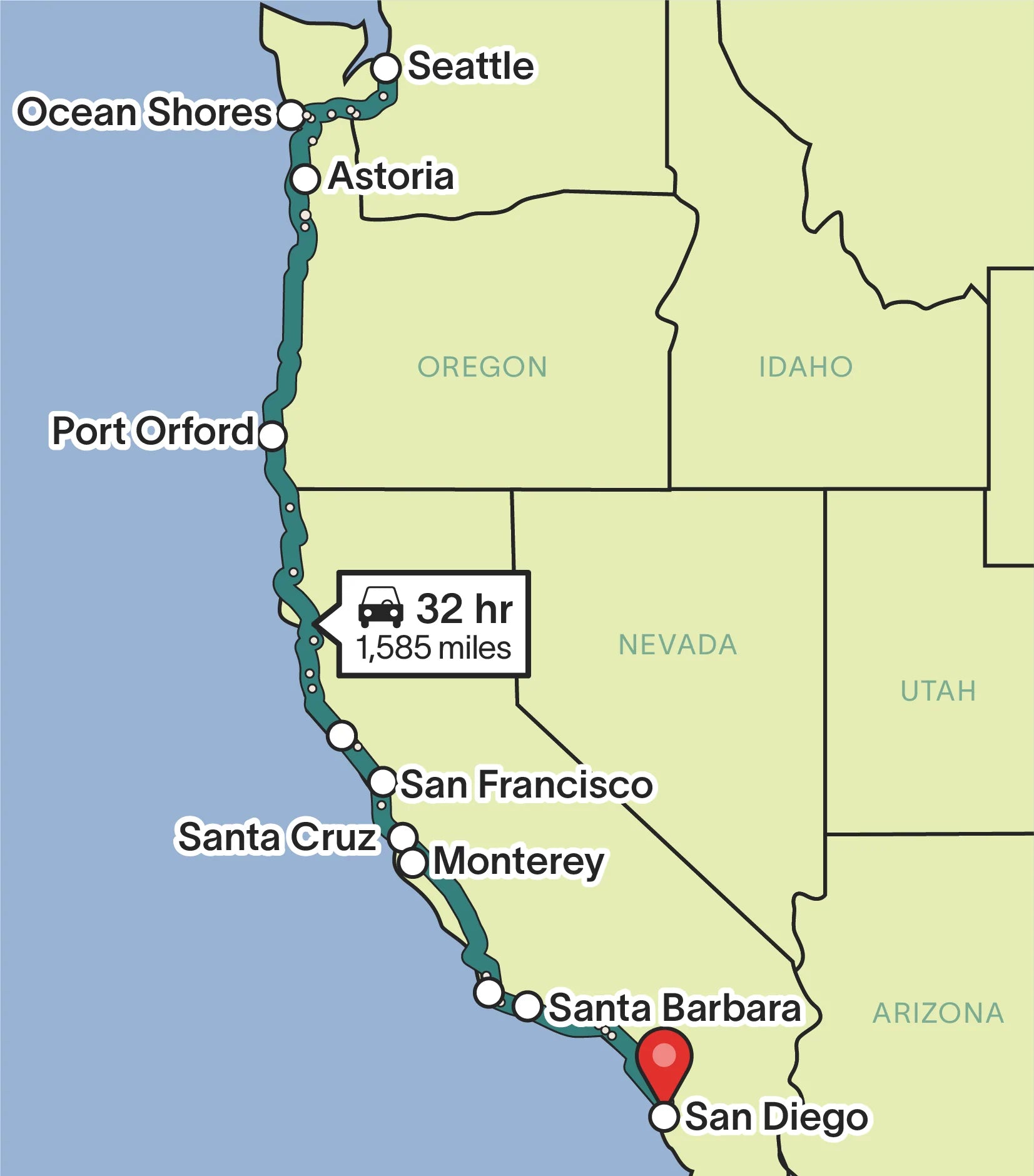 Map of West Coast Road Trip Route