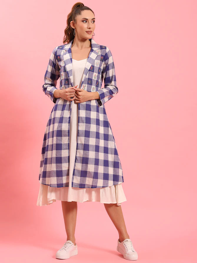 blue checked dress with jacket