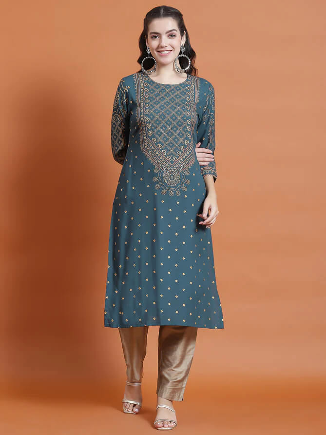 teal ornamental printed kurta