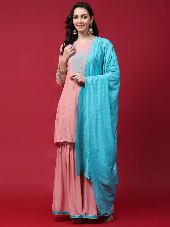 pink embroidered kurta sharara dupatta