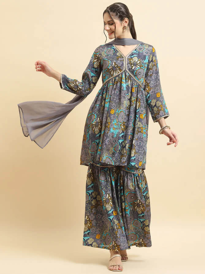 blue floral print kurta sharara dupatta