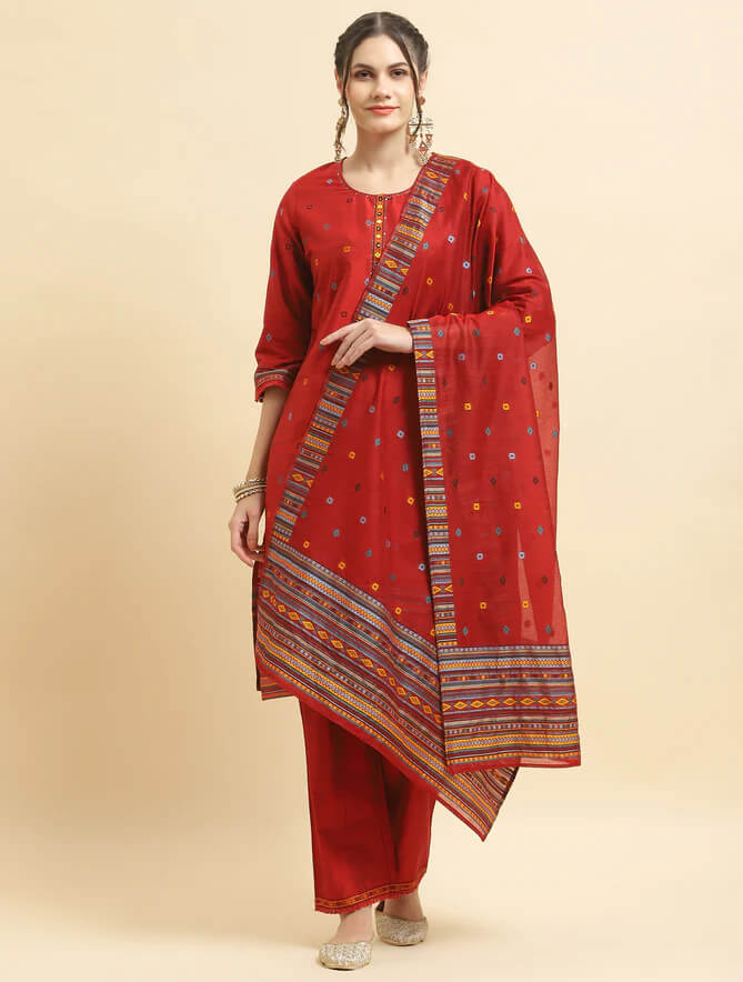 red jacquard kurta comfort pant dupatta