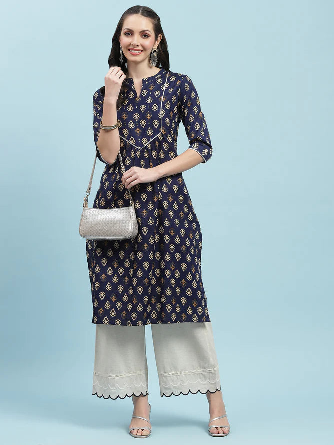 navy blue floral cotton kurta