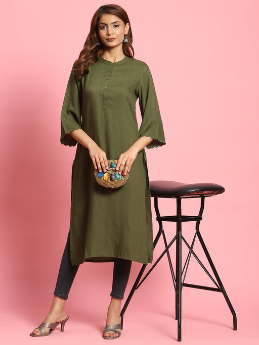 Emma - Olive green kurta with beige neckline – Styched Fashion