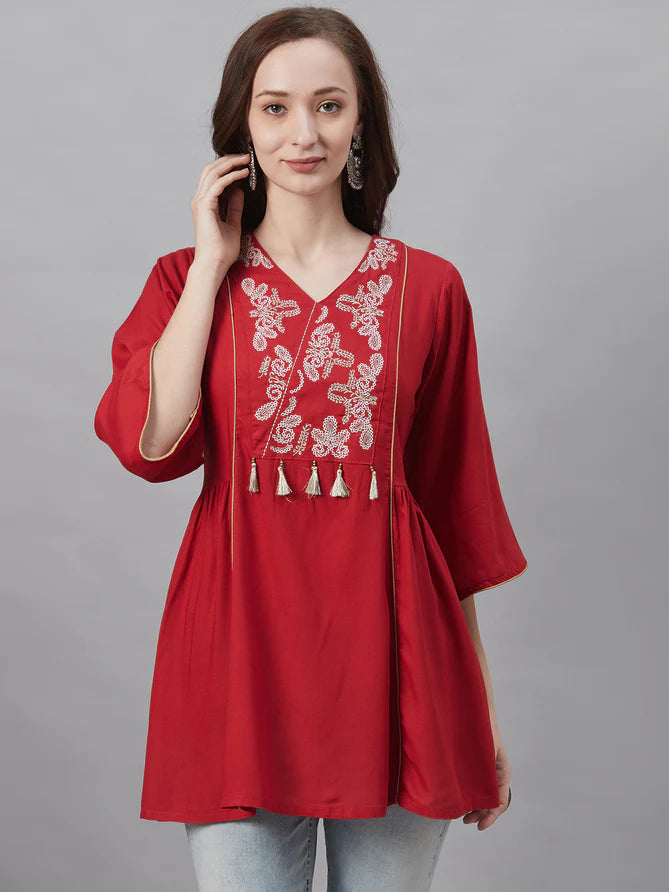 red rayon embroidery tunic